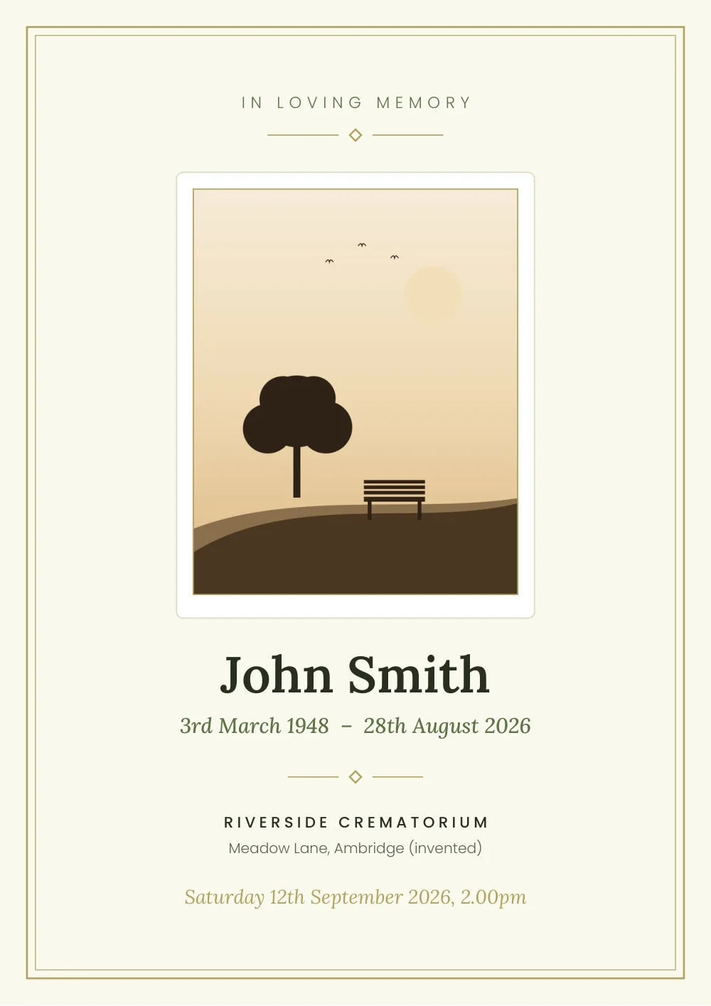 The front cover of the same example A5 order of service, rebuilt in the Garden palette: soft sage green and cream, with the person's name, dates and a small football motif.