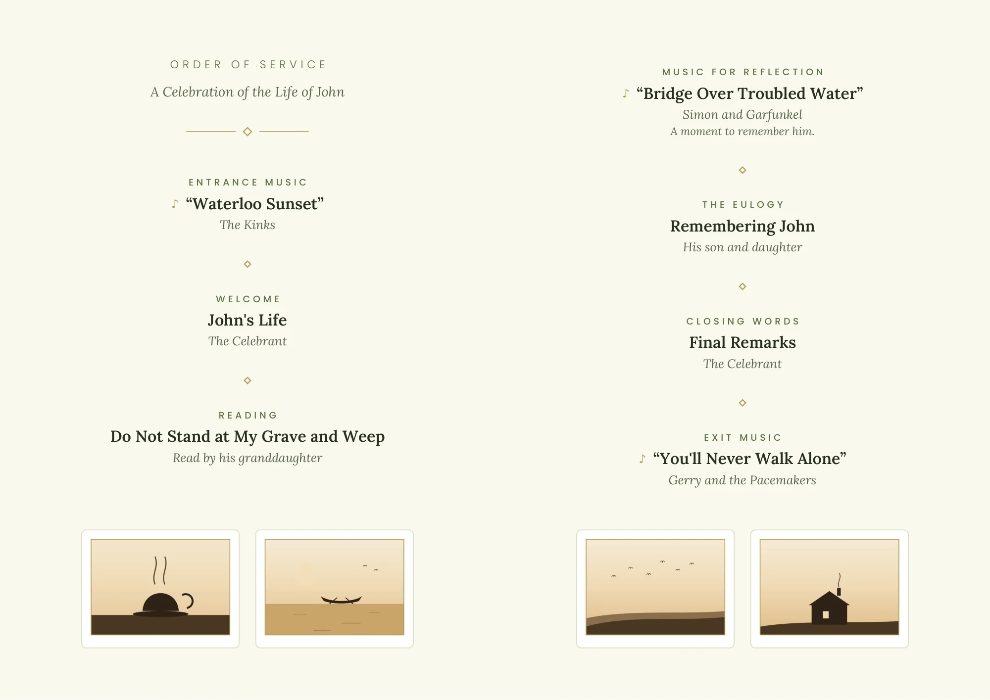 The inside two pages of the same example order of service in the Garden palette, showing the same running order laid out either side of the fold, with photographs.