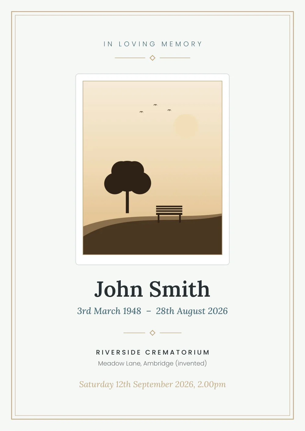 The front cover of an example A5 order of service in the Harbour palette: slate blue and sand, with the person's name, dates and a small football motif, on a light paper ground.